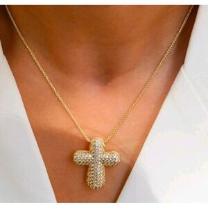 Dazzling Gold Tone Crystal Paved Cross Pendant Necklace Women's Fashion Jewelry‎